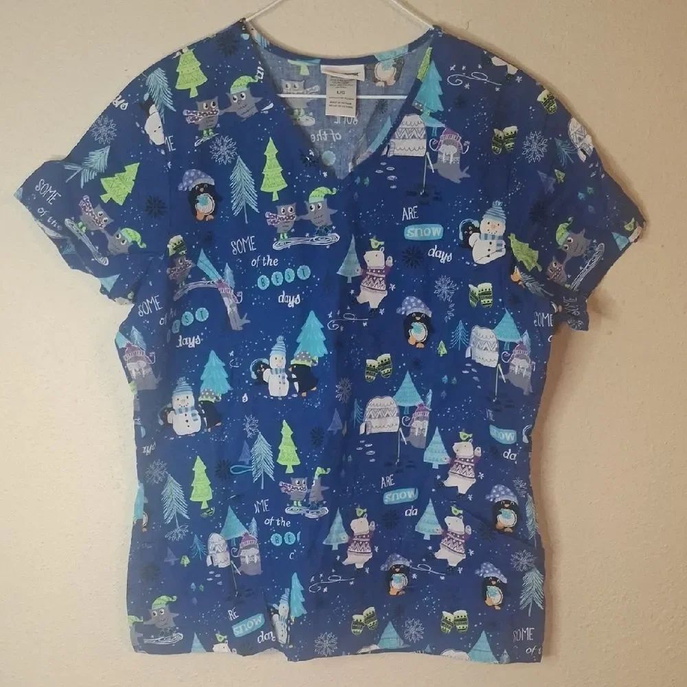 Scrubstar Blue Graphic Snow Days Scrub top size large